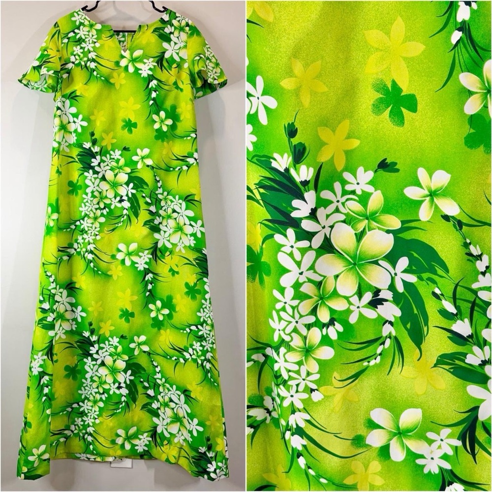 Vintage 1970s Hawaiian Muumuu Maxi Dress Floral Green Beach Vacation 70s Large